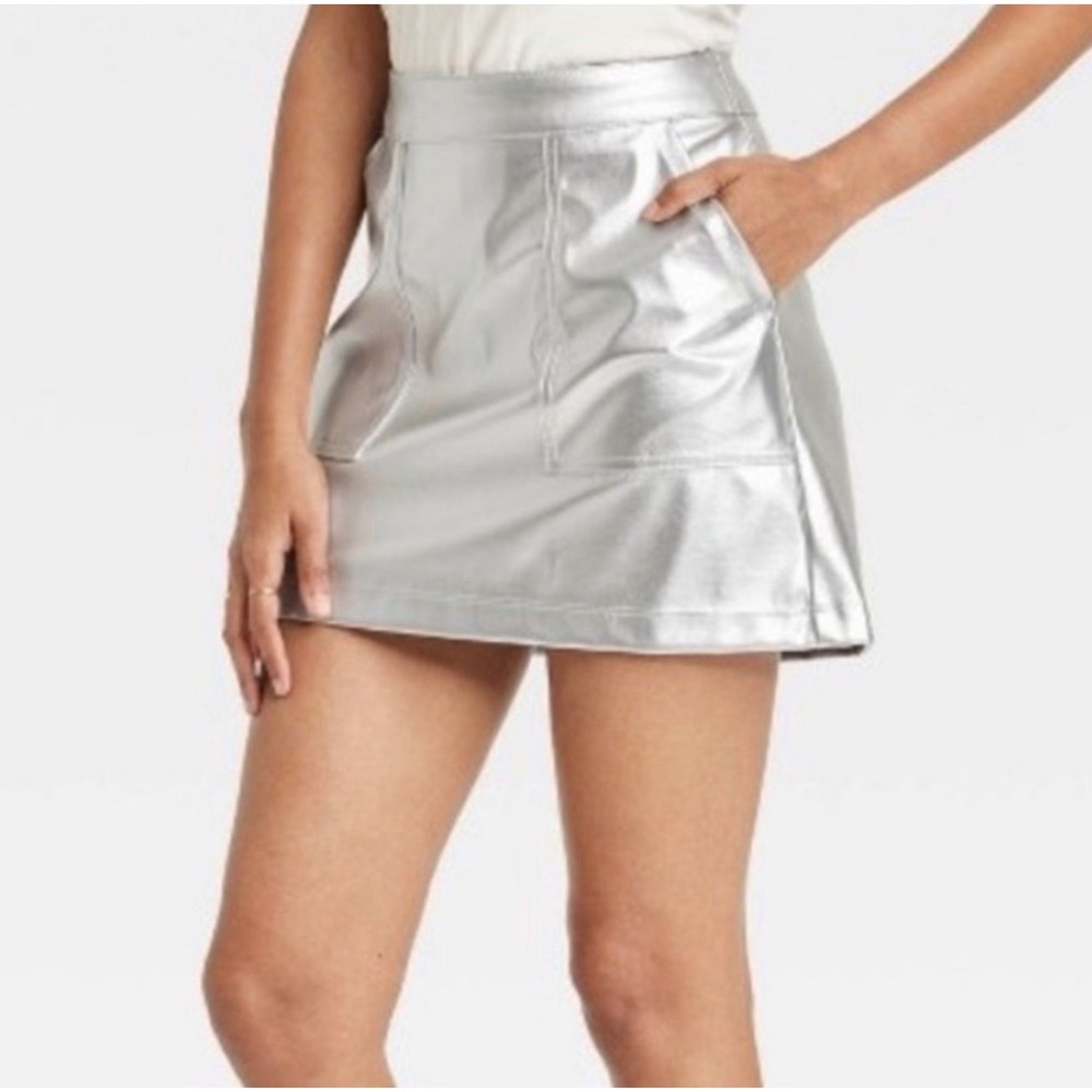A New Day Womens Silver Metallic Faux Leather Mini Skirt Size S Pocketed A-Line